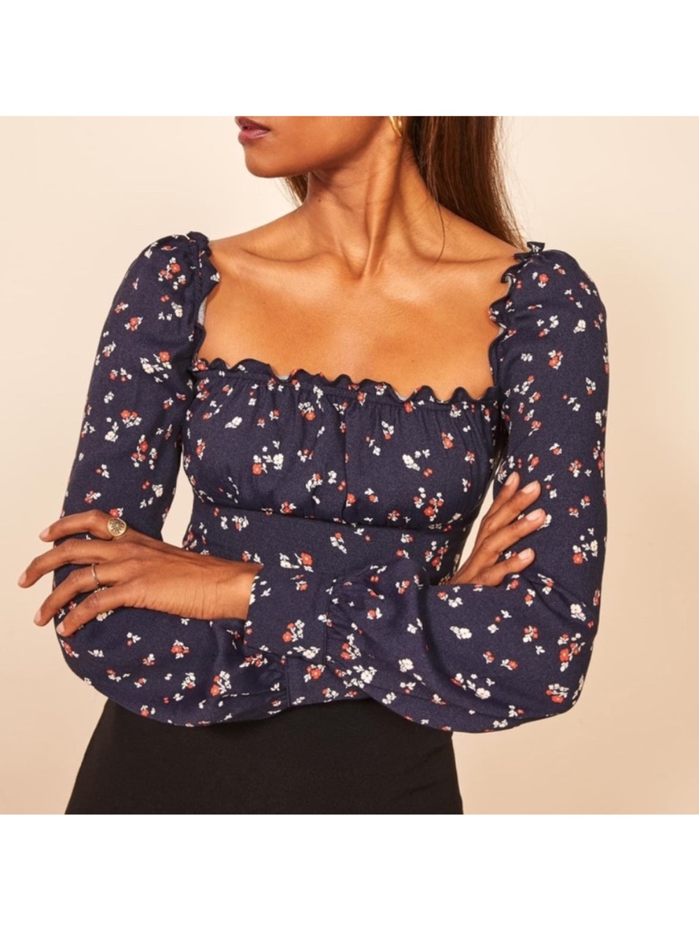 Reformation Matteo Blue Floral Long Sleeve Top Womenโs 10 Ruffled Shirred